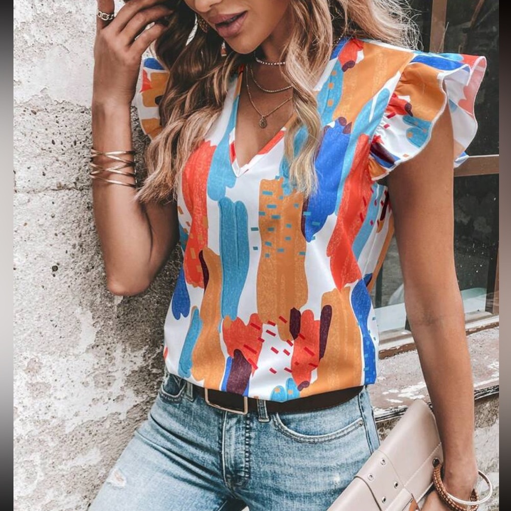 Boho geo print ruffle sleeve top